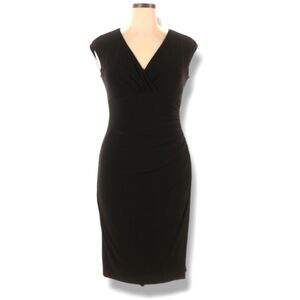 Ralph Lauren Black Dress Size 10 Faux Wrap Surplice Neck Cap Sleeve Stretch LBD